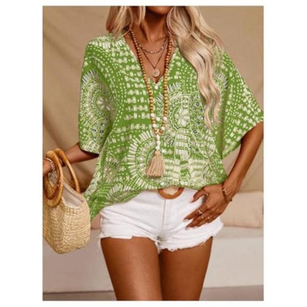 Women’s Green Boho V-Neck 3/4 Sleeve Blouse Vintage 70s Summer Top - Picture 4 of 12